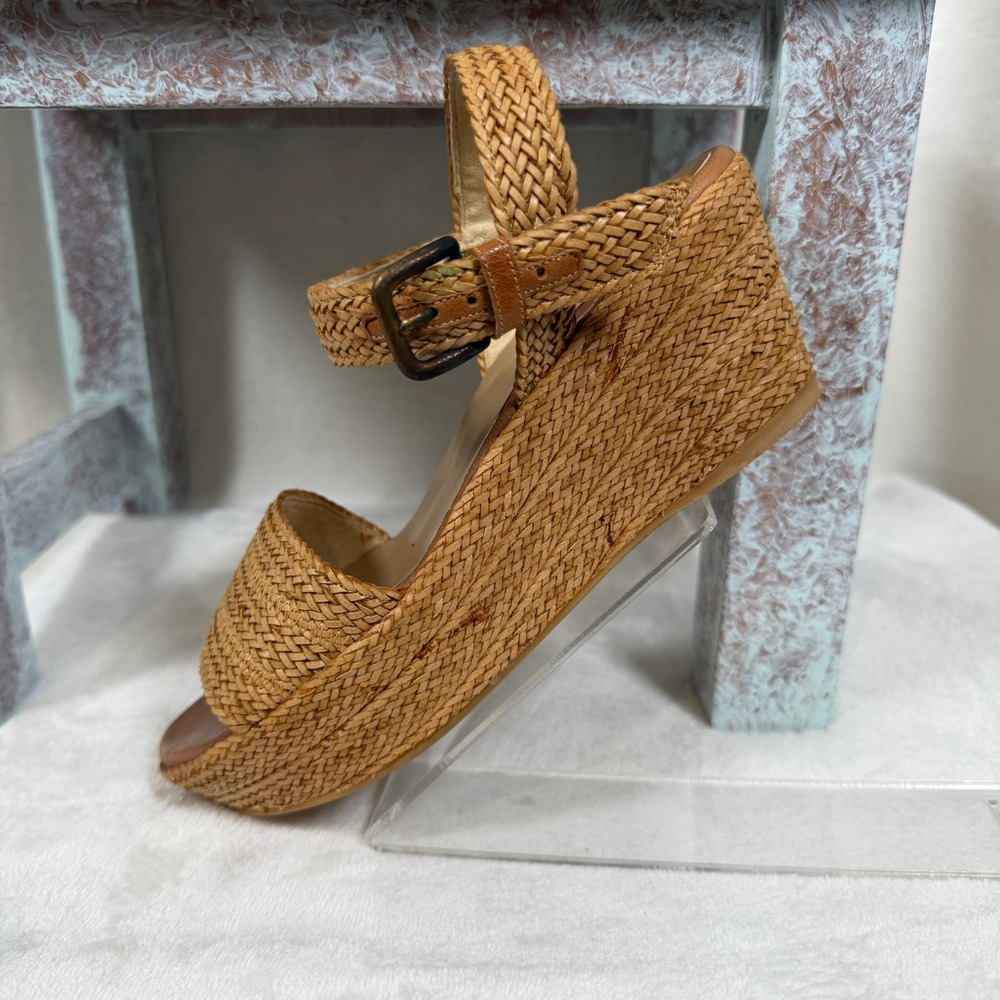 Stuart Weitzman Barbados Wedge Sandals Women 5.5 Tan Woven Platform Ankle Strap - Picture 3 of 11
